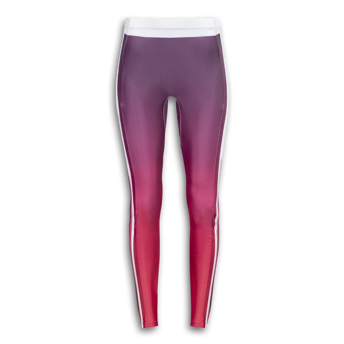 Custom women's leggings featuring an ombre design in shades of purple and pink, with a white waistband and side stripes.