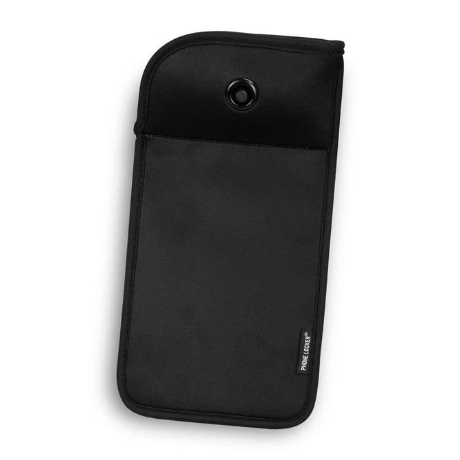 A black lockable phone pouch with a snap button and a textured exterior, designed for secure storage of mobile devices.