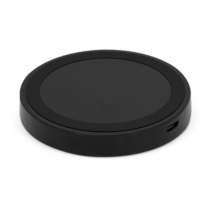 A round black wireless charger with a smooth surface and a USB-C port. It features a minimalistic design.