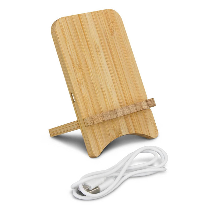 A bamboo wireless charging stand in a natural finish, accompanied by a white charging cable.
