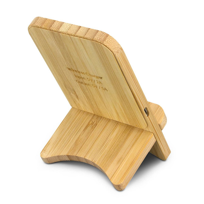 A bamboo wireless charging stand featuring a smooth, natural finish and a sturdy design. It has a logo on the back.