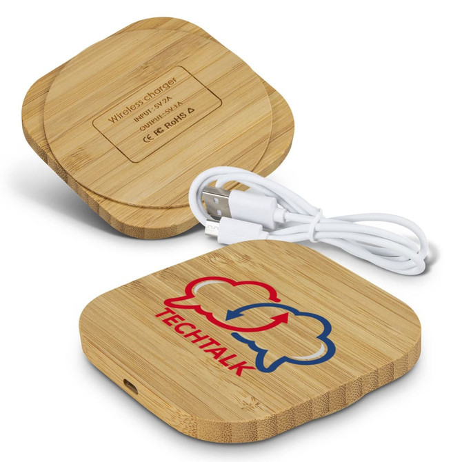 A square bamboo wireless charger with a USB cable, featuring a logo on the surface.