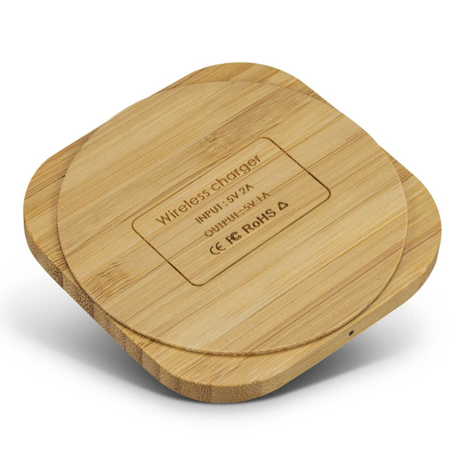A square wireless charger made of bamboo, featuring a smooth surface and a logo on the bottom.