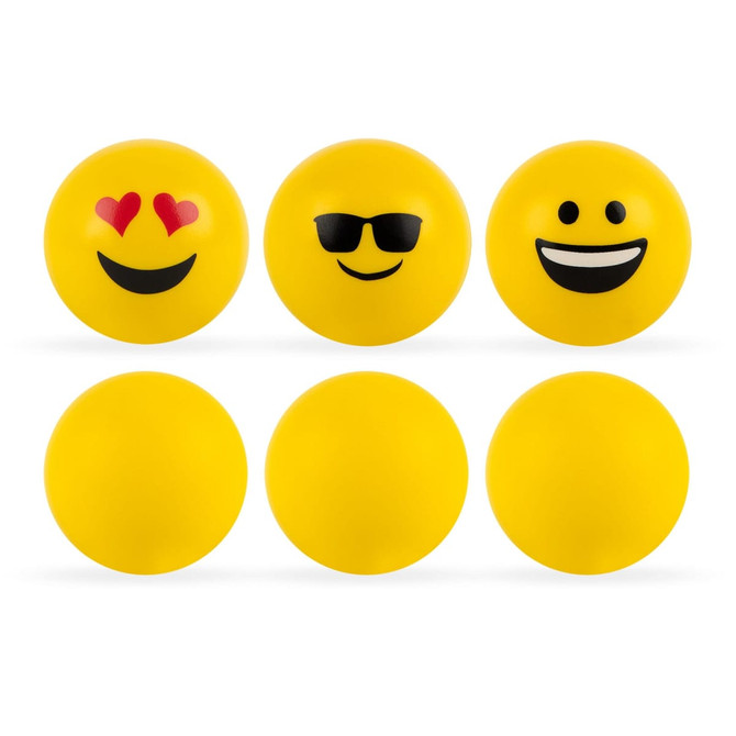 Six yellow emoji stress balls featuring different facial expressions: heart eyes, sunglasses, and a smiling face.