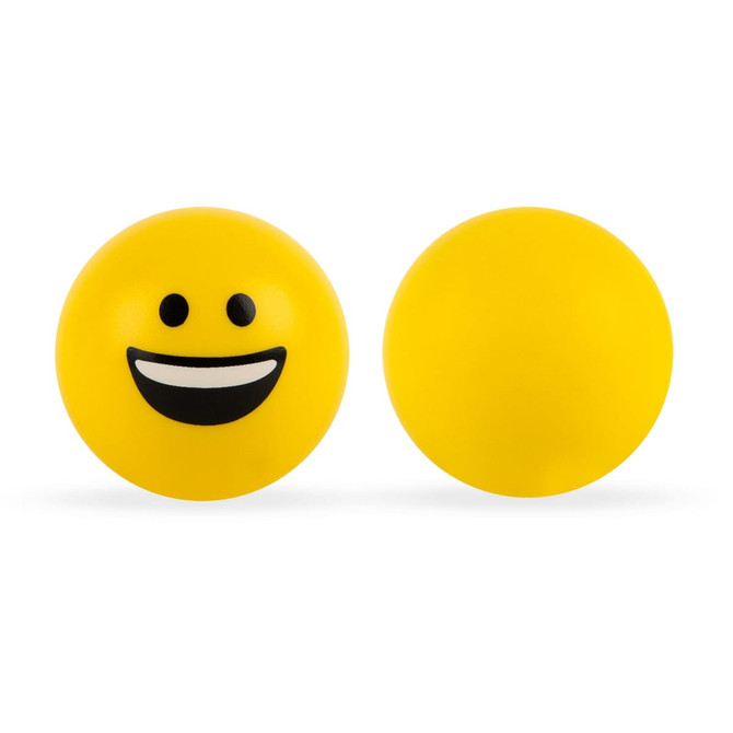 Two yellow emoji stress balls with a smiling face on one side and a plain surface on the other.