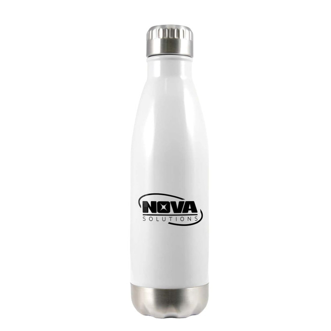 A drink bottle in white stainless steel with a silver lid and a logo on the front.