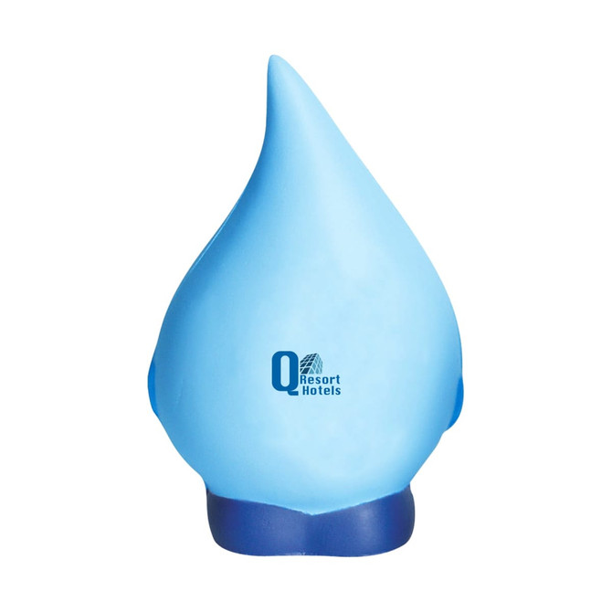 A blue water drop-shaped stress reliever with a darker blue base and a logo on the front.