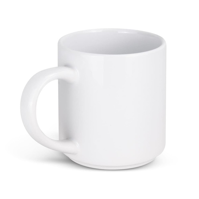 A white stackable coffee mug with a smooth finish and a sturdy handle. It features a branding logo.