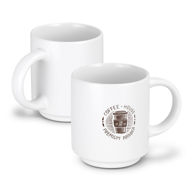 A stackable white coffee mug with a round logo design featuring a coffee cup.