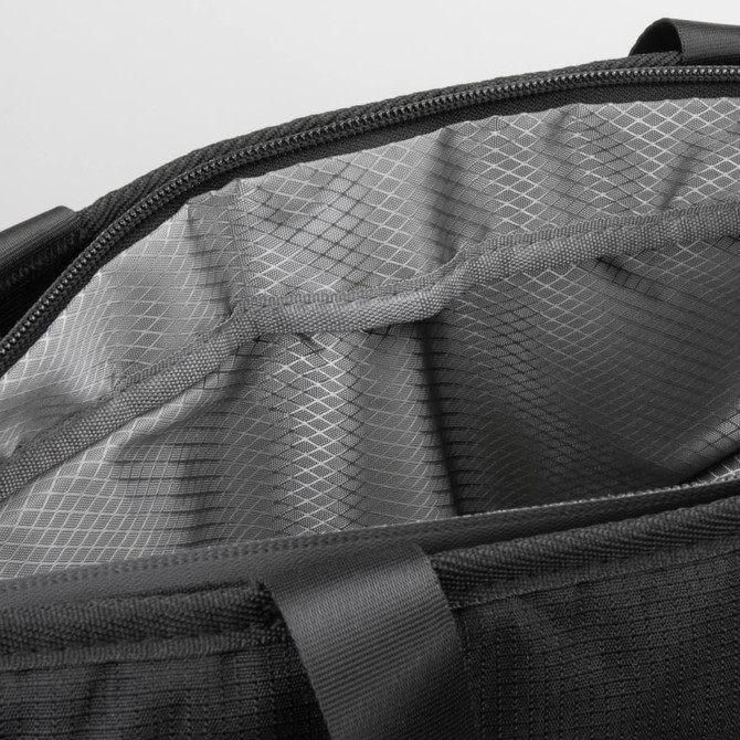 A black cooler bag with a grey, lined interior featuring compartments for organising items.