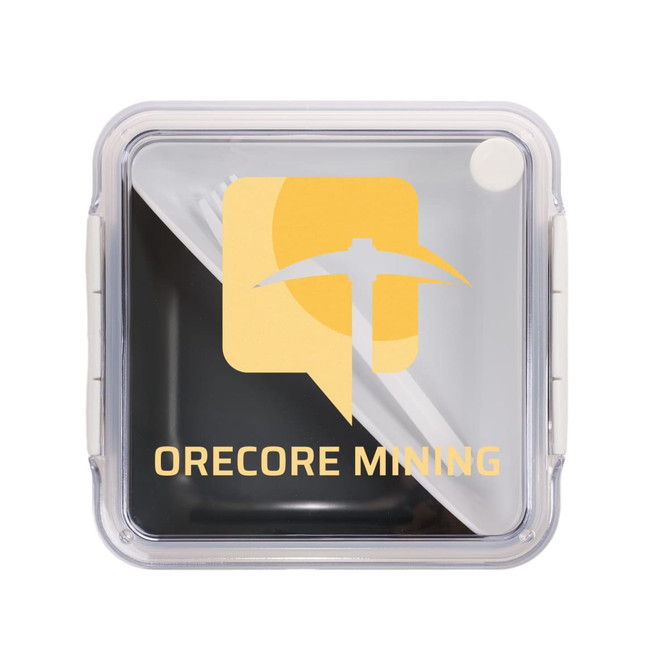 A clear lunch box with a black interior and a logo. It includes utensils and has a secure lid.