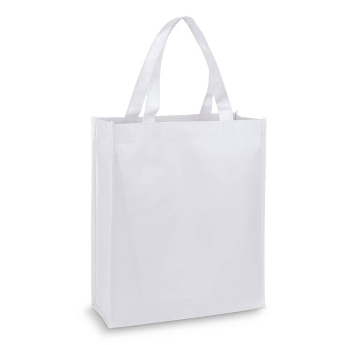 A white A4 tote bag with two handles and a simple design. It features a logo on one side.