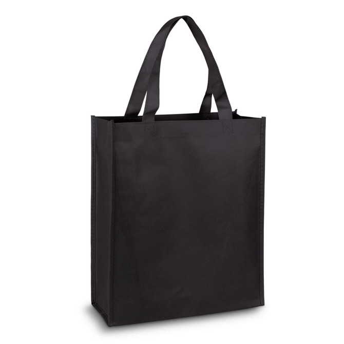 A black tote bag with two handles and a simple design, featuring a logo on one side.