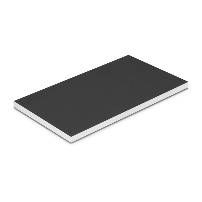 A small black notebook with a plain cover and white edges, featuring a logo on the front.