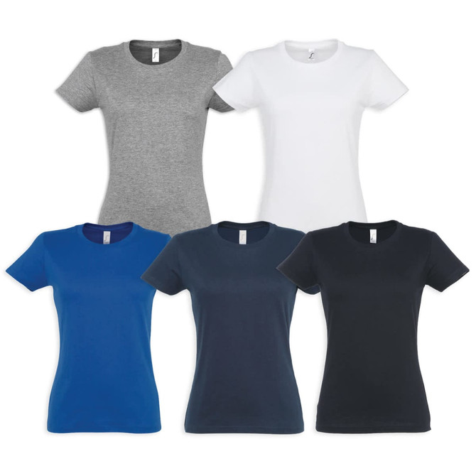 A selection of women's t-shirts in grey, white, blue, navy, and black, featuring a logo on each shirt.
