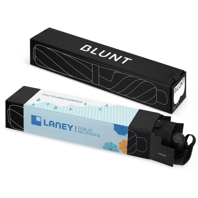 A black umbrella in a sleek packaging with a logo, featuring a design in shades of blue.