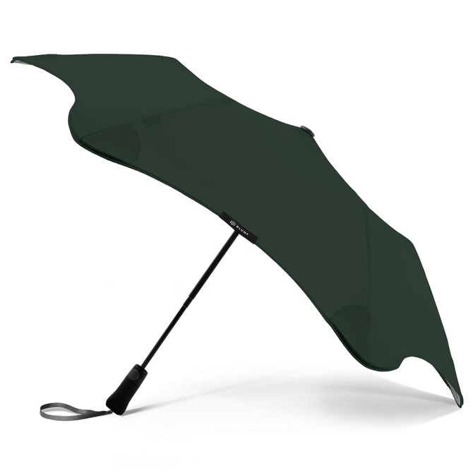 A dark green umbrella with a sleek design, featuring a handle and a logo on the shaft.