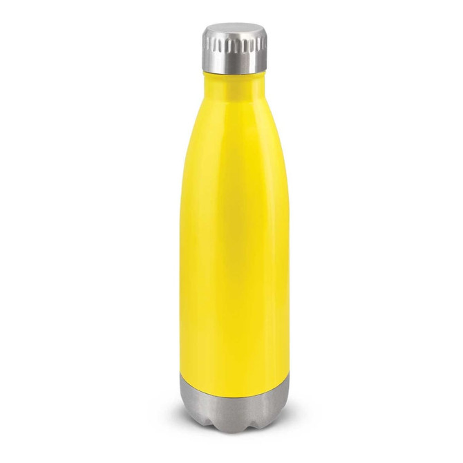 A drink bottle in bright yellow with a silver stainless steel base and cap. It has a logo on the body.