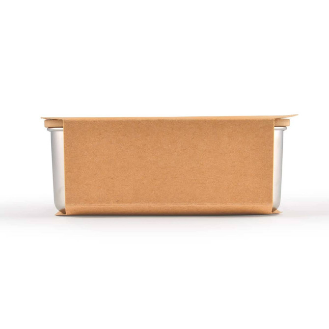 A brown cardboard container with a silver base, featuring a simple design and a logo on the side.