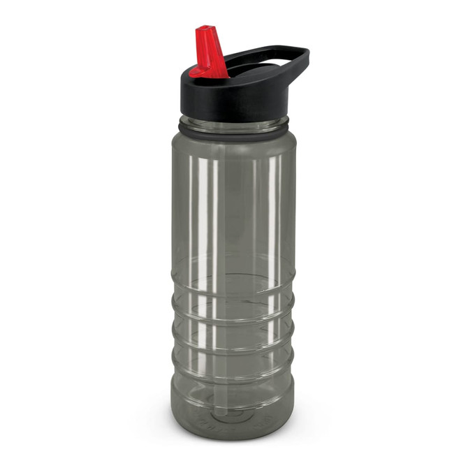 A drink bottle with a clear body, black lid, and red spout. It features a logo on the side.
