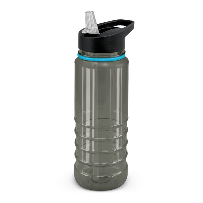 A drink bottle in clear plastic with a black lid and straw, featuring a textured grip design.