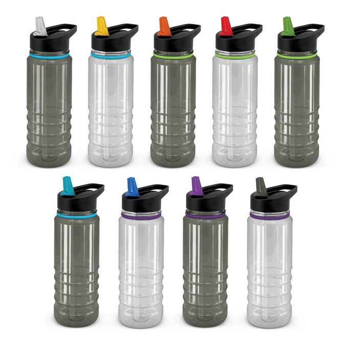 A drink bottle collection featuring clear and black designs with various coloured lids and a logo on each.