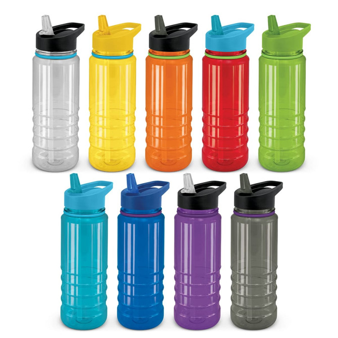 A drink bottle collection featuring ten bottles in various colours: clear, yellow, orange, red, green, blue, and purple. Each has a sports cap and a logo.