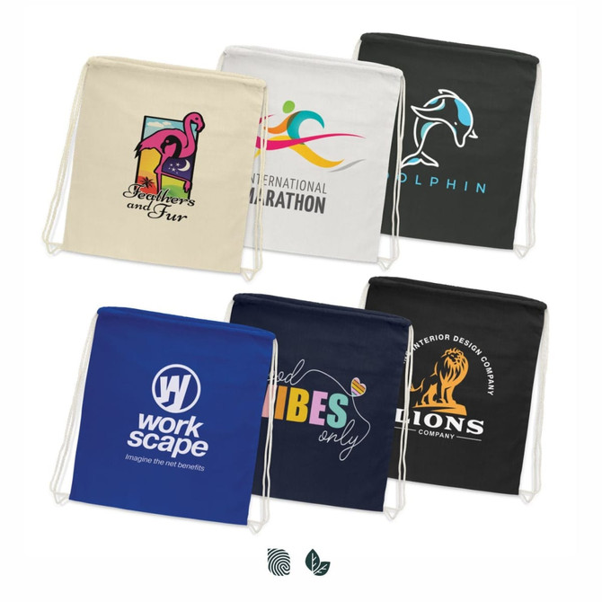 A collection of cotton drawstring backpacks in various colours, featuring multiple logos and designs.