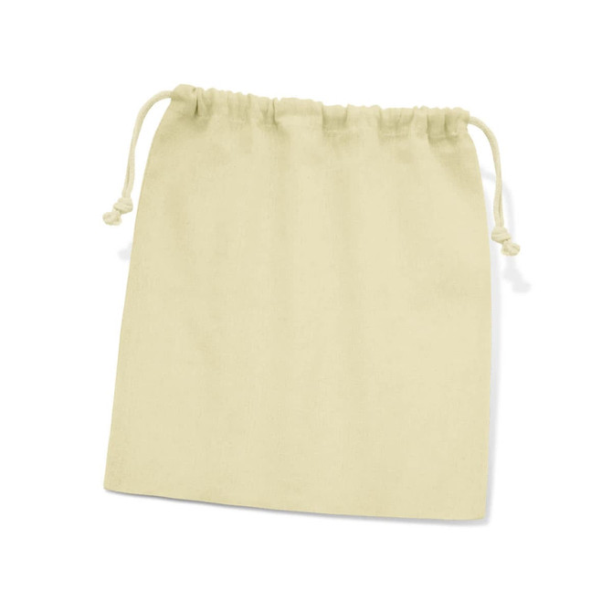 A medium cotton gift bag in a soft cream colour with a drawstring closure. It features a logo.