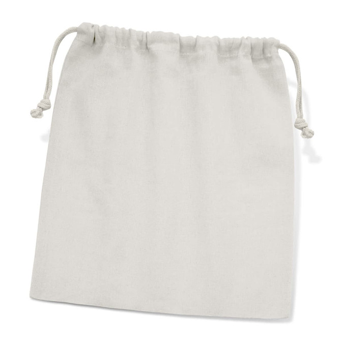 A large cotton gift bag in a soft beige colour, featuring a drawstring closure and simple design.