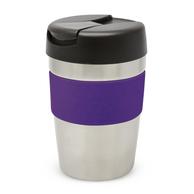A drink bottle with a stainless steel body, purple silicone band, and a black lid. Features a logo on the side.
