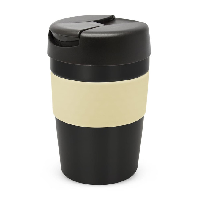 A drink bottle featuring a black body, a cream-coloured band, and a black lid. It has a logo.
