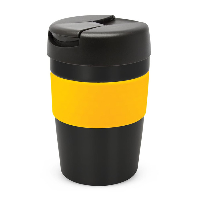 A drink bottle with a black lid and base, featuring a yellow band around the middle. It has a branding logo.