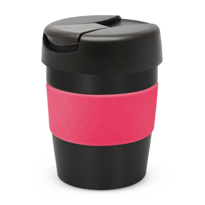 A drink bottle featuring a black body with a pink silicone sleeve and a removable lid, complete with a logo.