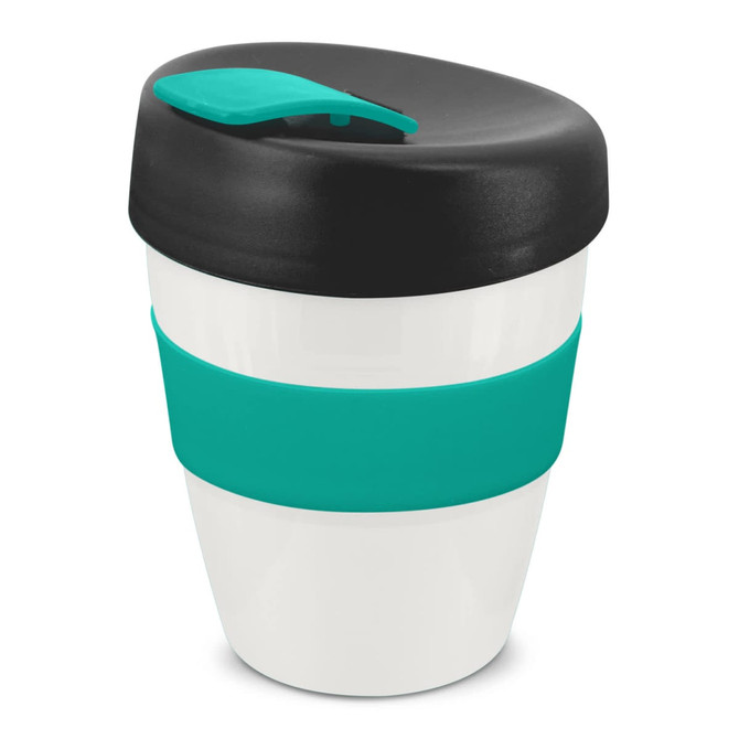 A drink bottle featuring a white body with a black lid and a teal silicone band. It has a logo on the side.
