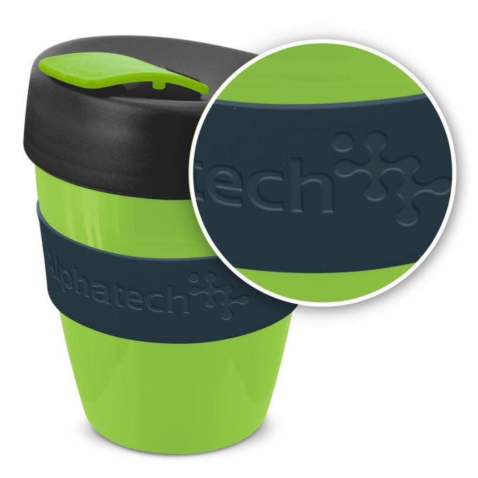 A drink bottle featuring a bright green body, black lid, and navy blue silicone sleeve with branding.