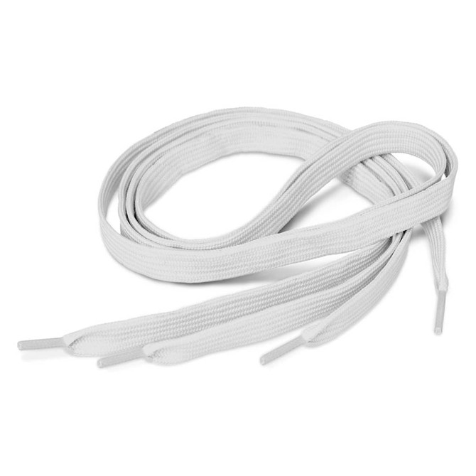 White shoe laces with a textured finish, featuring pointed tips for easy lacing. Comes with a branding logo.