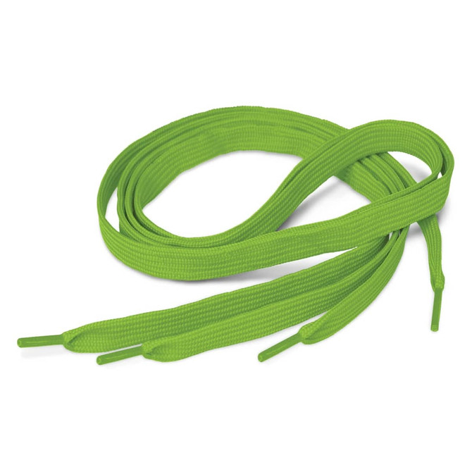 A pair of bright green shoe laces with pointed tips, arranged neatly on a white background.