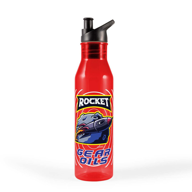 A drink bottle in bright red featuring a logo and graphic design, with a black spout and cap.