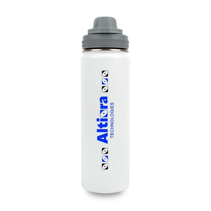 A drink bottle in white with a grey cap, featuring a logo on its surface.