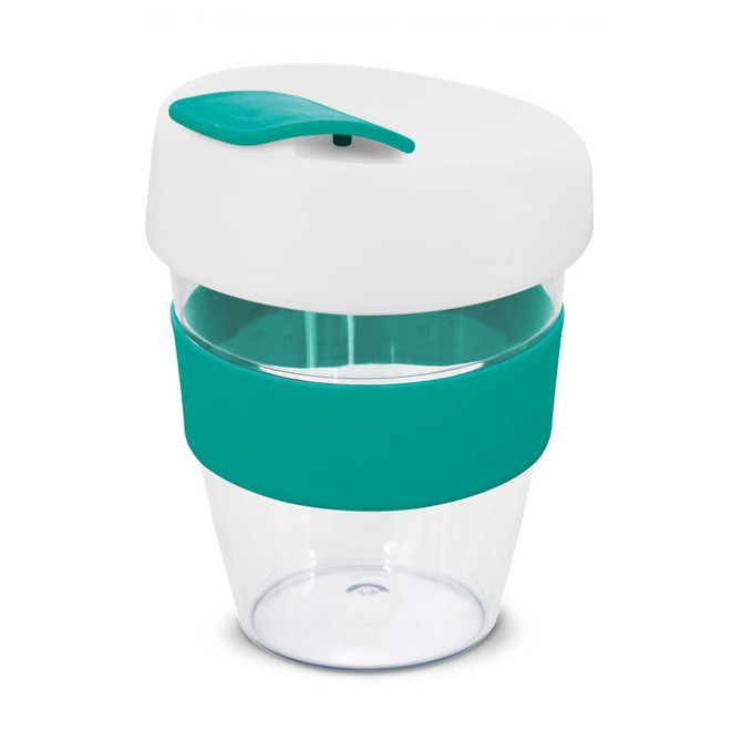 A drink bottle with a clear body, teal silicone band, and white lid. It has a logo on the side.