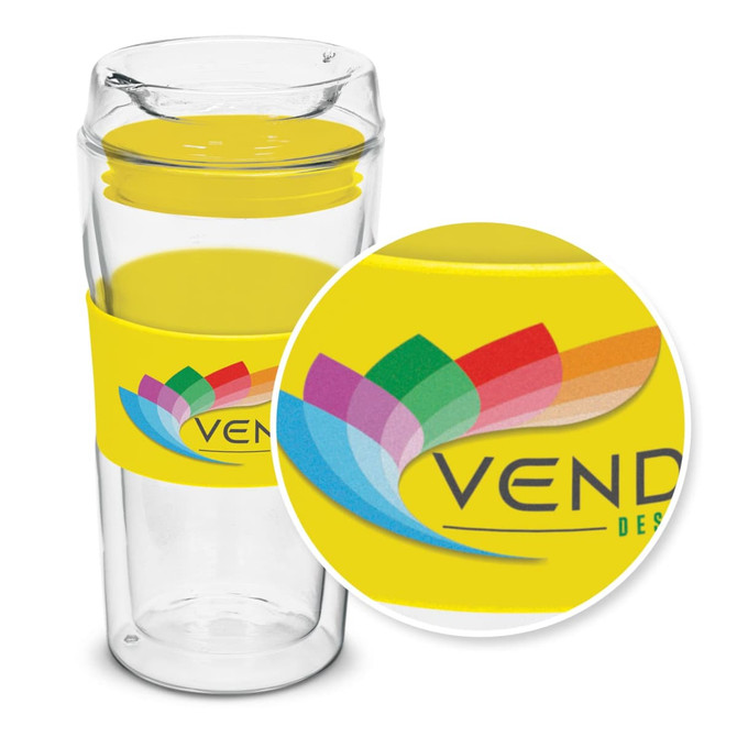 A double wall glass cup with a clear body and a vibrant yellow silicone sleeve. Features brand logo.