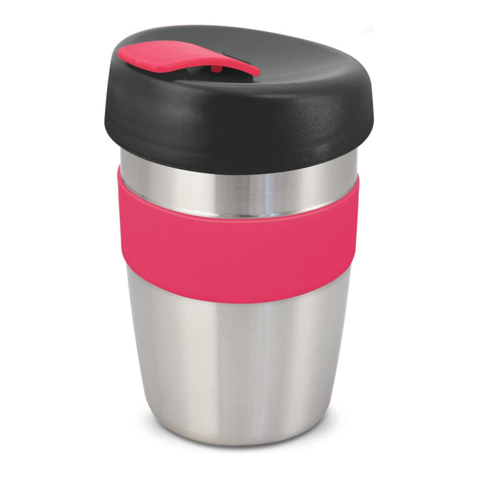 A drink bottle with a stainless steel body, a black lid, and a pink silicone band. It features a logo.