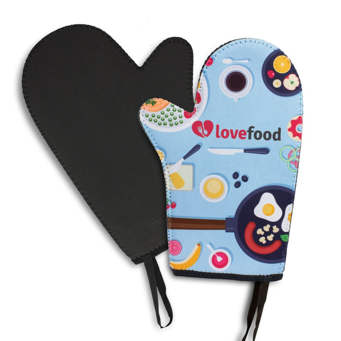 A neoprene oven mitt in light blue with a colourful food-themed print and a black interior. It features a logo.