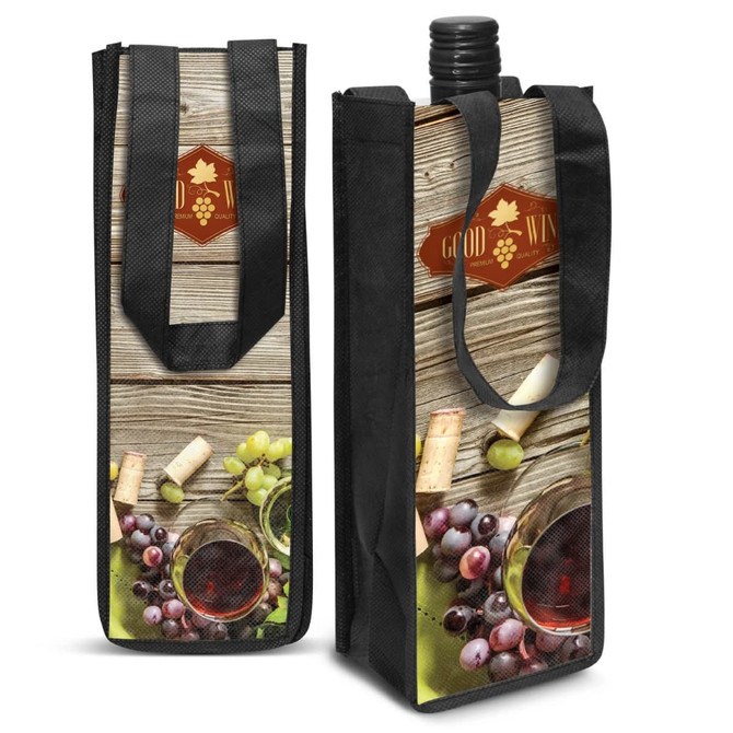 A drink bottle tote bag in black featuring a wine-themed design with handles. It has branding displayed on the front.