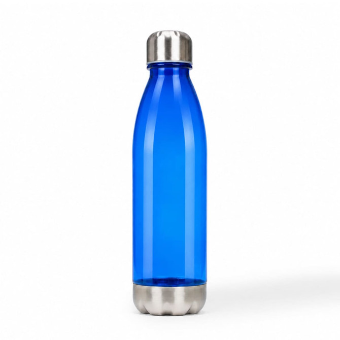 A drink bottle with a blue body and a silver stainless steel cap, featuring a sleek design and branding.