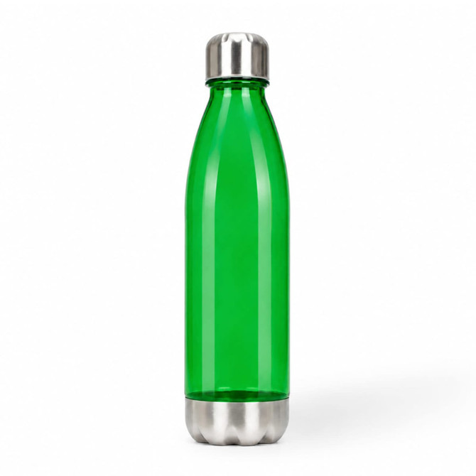 A green drink bottle with a stainless steel bottom and cap, featuring a sleek, modern design.