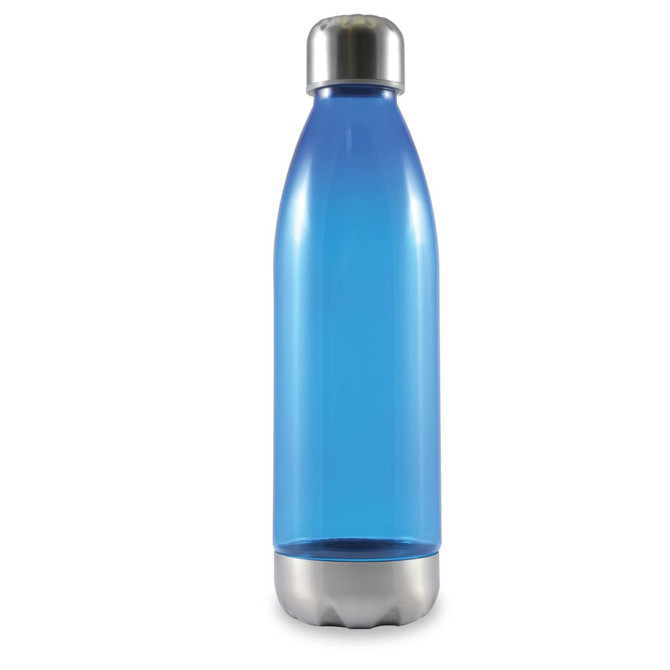 A blue drink bottle with a stainless steel base and a silver cap. It features a logo on its surface.