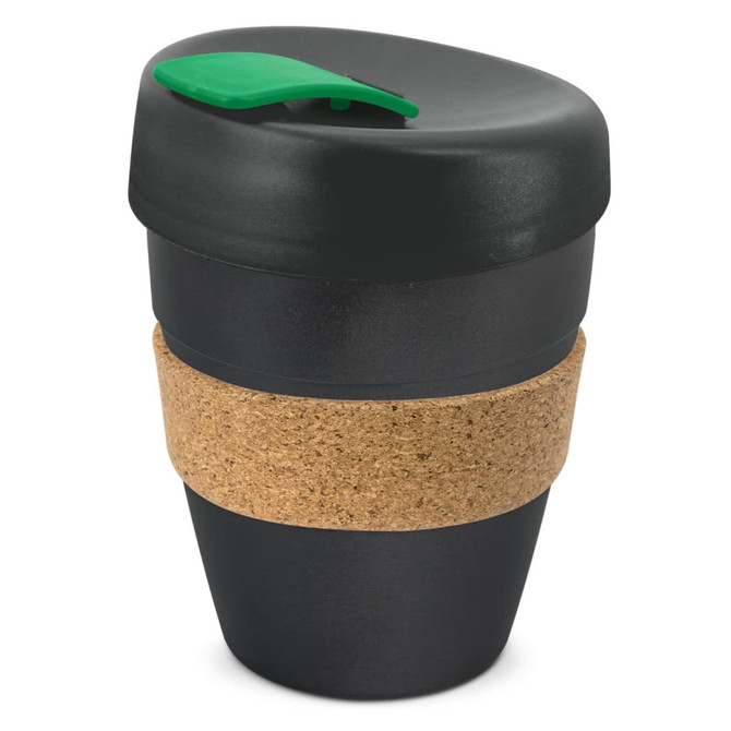 A reusable coffee cup in black with a cork band and a green lid. It features a logo on the surface.