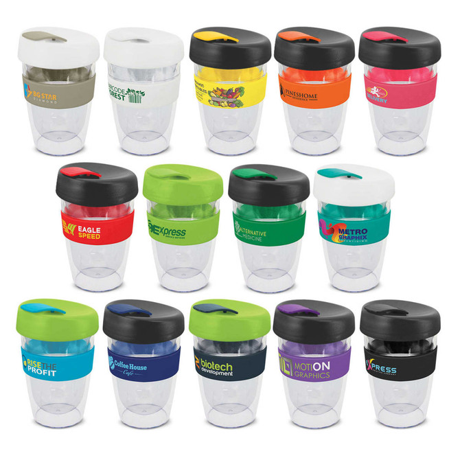 A range of clear drink bottles in various colours, featuring different bands and lids. Each bottle has a logo.